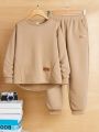 SHEIN Kids EVRYDAY Boys' Solid Color Sweatshirt And Sweatpants Set With Badge Detail, For Teenagers