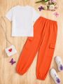 SHEIN Kids QTFun Tween Girls' Knitted Butterfly Pattern T-Shirt And Woven Cuffed Pants Casual 2pcs Outfit