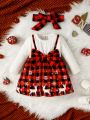 Baby 2 In 1 Gingham & Christmas Print Bow Front Dress With Headband