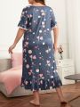 Plus Heart Print Lace Trim Ruffle Hem Nightdress