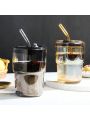 1pc Glass Coffee Cup, Home & Office Straw Cup, 400ml Large Capacity Couple Water Cup, Women's Gift Juice Cup With Straw And Insulated Pu Leather Sleeve