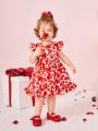 SHEIN Baby Girls' Casual Loose Short Sleeve Heart Pattern Dress