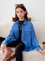 SHEIN Kids HYPEME Tween Girls' Street Style Ice Silk & Denim Look Loose Fit Shirt For Sports