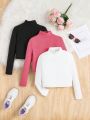 SHEIN Kids EVRYDAY Teenage Girls' Plain Stand Collar Casual T-shirt 3pcs/set