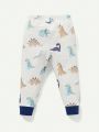 Cozy Cub Baby Boys' Cartoon Dinosaur Printed Color Block Round Neck Pullover Long-sleeve Top And Pants Set