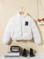 SHEIN Tween Girl Letter Patched Zip Up Puffer Coat