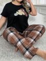 Plus Size Cartoon Printed Short-Sleeved T-Shirt And Plaid Pants Pajamas Set