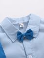 Boys' Blue Short Sleeve Shirt With Suspenders And Long Pants Suit, Gentleman Style