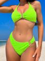 SHEIN Swim Basics Fluorescent Green Two-Piece Swimsuit Set