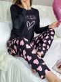 Women's Black And Pink Matching Heart Print Comfortable Pajama Set