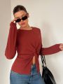 SHEIN Essnce Women's Solid Color Twist Knot Long Sleeve T-Shirt