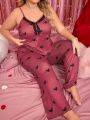 Plus Size Lace Trim Heart Patterned Pajama Set