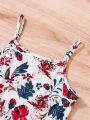 SHEIN Kids FANZEY Tween Girls' Casual Elegant Romantic Vest & Floral Print Strap Dress 2pcs/Set