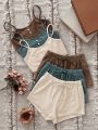 3sets Single Breasted Cami Top & Tie Front Shorts Lounge Set