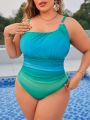 SHEIN Swim Vcay Plus Size Women's Asymmetrical Neck One Piece Swimsuit With Ombre Color