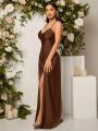 SHEIN Belle Draped Collar Crisscross Backless Satin Bridesmaid Dress