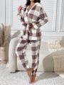 Buffalo Plaid Print Drop Shoulder Belted Flannel Lounge Set