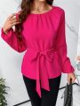 SHEIN Clasi Valentine's Day Women Solid Color Belted Shirt