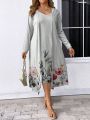 Flower Printed Plus-size Dress And Open-front Coat Set