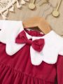 Infant Girls' Winter Warm Plush Collar Red Dress With Patchwork Design For Casual Daily Wear