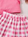 SHEIN Kids CHARMNG Little Girls' Solid Color Bubble Sleeve Top & Plaid A-Line Skirt Set