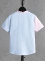 SHEIN Boy Teenagers Casual All-Match Color Block Striped Mock Neck Short-Sleeved Shirt