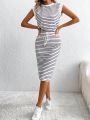 SHEIN LUNE Women'S Striped Round Neck Top And Skirt Two Piece Set