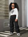 SHEIN Kids HYPEME Girls' (big) Love Heart & Letter Print T-shirt And Workwear Style Long Pants 2pcs/set