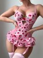 Women's Cherry Print Mesh Splice Sexy Lingerie Set