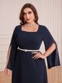 SHEIN Modely Plus Size Square Neckline Slit Pearl Detail Bell Sleeve Dress Without Belt