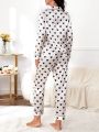 Heart Print Contrast Piping Satin PJ Set