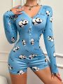 Women'S Cartoon Panda Printed Long Sleeve Sleepwear Shorts Set