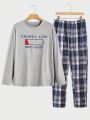 SHEIN Men Slogan Graphic Tee & Plaid Pants PJ Set