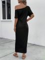 Solid Asymmetrical Neck Batwing Sleeve Fitted Dress