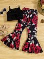 Toddler Girls' Elegant Romantic Two-Piece Set With 3d Bowknot Decorated Cami Top And Flared Pants Featuring Colorful Rose Print For Summer