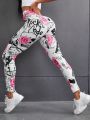 SHEIN Yoga Floral High-waisted Athletic Leggings With Floral And Skull Graphics