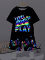 SHEIN Kids HYPEME Tween Boys' Casual And Trendy Night Light Game Console Printed Short Sleeve T-Shirt And Shorts Knitted Set