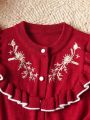 Baby Girls' Knitted Cardigan With Floral Embroidery & Ruffle Trim And Pants Set