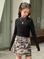 SHEIN Kids HYPEME Girls' Sports Street Fashion Knitted Solid Color Round Neck Long-Sleeved Top