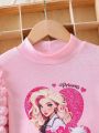 Girls' Elegant Bubble Sleeve Knitted T-shirt With Cute Pattern, Easy-to-match