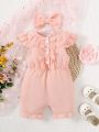 Baby Girl'S Summer Cute Flutter Sleeve Round Neck Jumpsuit With Shorts