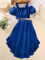 SHEIN Kids SUNSHNE Girls Cold Shoulder Puff Sleeve Top & Ruffle Hem Skirt