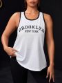 Daily&Casual Plus Size Color Block Mesh Trim Letter Printed Athletic Tank Top