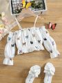 SHEIN Kids SUNSHNE Toddler Girls Butterfly Print Cold Shoulder Gathered Sleeve Ruffle Trim Blouse
