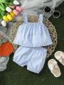 Baby Girls' Simple Beach Vacation Style Vertical Striped Tank Top + Lantern Shorts Set, Cute & Casual, Spring & Summer