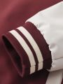 Men Letter Embroidery Striped Trim Colorblock Varsity Jacket