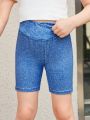 SHEIN Kids EVRYDAY Little Girls' Knitted Denim-like Casual Shorts With Stretchy Fabric