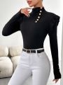 SHEIN Privé Button Detail Ruffle Trim Stand Collar T-shirt