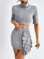 SHEIN Privé Turtleneck Short Sleeve Top And Skirt Set With 3d Ruffle Hem