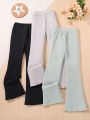 3pcs/Set Solid Color Ribbed Long Pants For Tween Girls